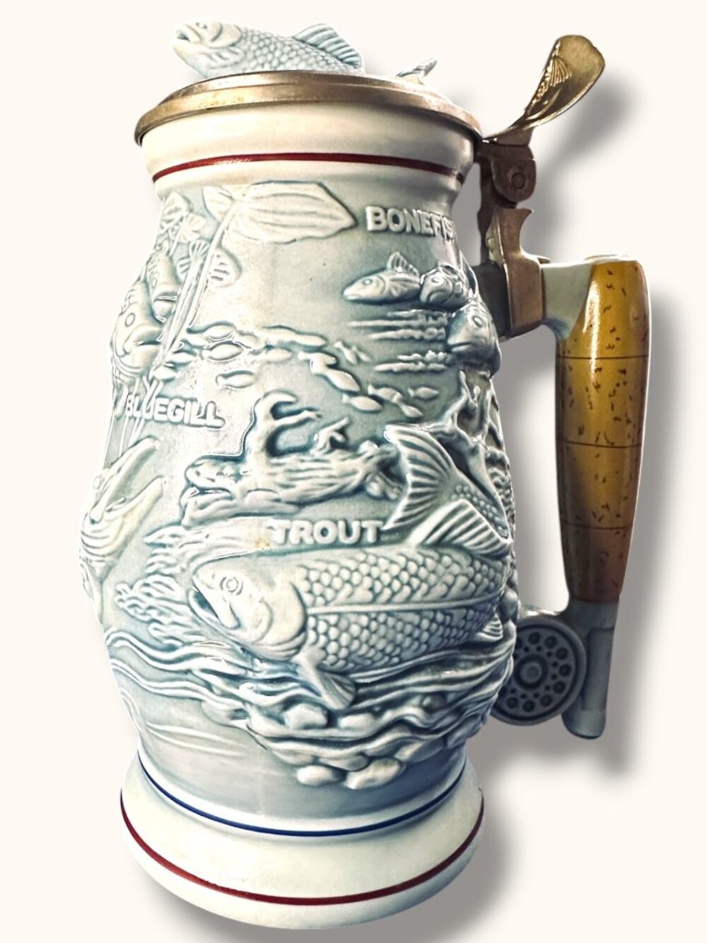 Fishing-Themed Ceramic Stein With Lid Avon 1990 Handcrafted In Brazil Embossed F